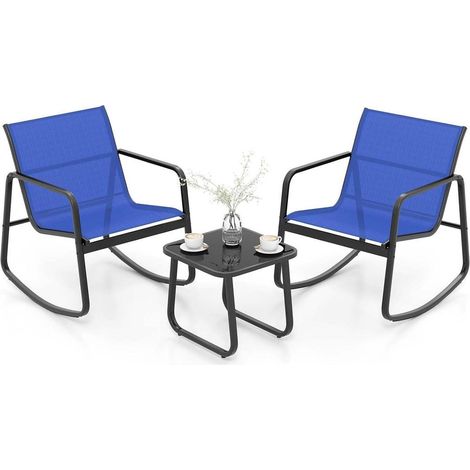 Structure métal et tissu respirant pour détente : Ensemble 2 chaises à bascule et table basse pour balcon et terrasse bleu (1/2)