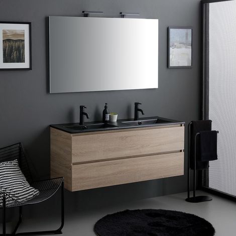 Unterschrank Mit 2 Schubladen, Schwarzes Doppelwaschbecken, Spiegel Und Schwarze Lampe, 120 Cm Berlin