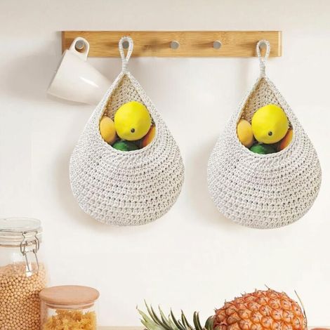 White fruit storage net, 2025cm, 2 pieces, wall-mounted, hand-woven decorative kitchen net. (1/5)