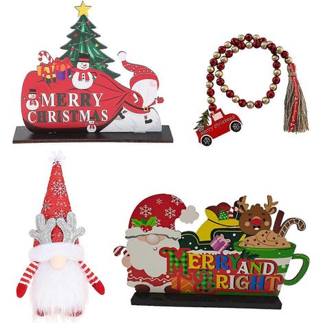 4 pièces Décoration de bureau Joyeux Noël en bois avec guirlande de perles et gnome en peluche (1/5)