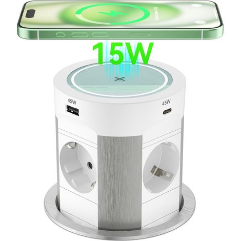 prise chargeur escamotable USB C PD 75 W, 4 prises intégrées, chargeur sans fil 15 W, table escamotable, cuisine, câble 1,8 m, blanche (1/5)