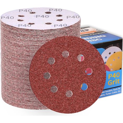 Disques abrasifs 125 mm Papier abrasif grain 40 8 trous, revêtement abrasif antiadhésif pour ponceuse orbitale aléatoire excentrique (100 pièces) (1/5)