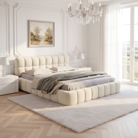 Lit 140x200 avec sommier,Lit 140x200,Lit Rembourré 140x200,Cadre de lit,Lit double avec Dossier Moelleux,Design Moderne,Lin,Beige (1/5)