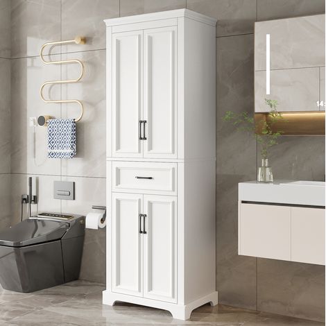 Mobiletto da bagno 57x38x180 cm con 3 cassetti, 1 anta e 3 ripiani, in MDF bianco, maniglie nere. (1/5)