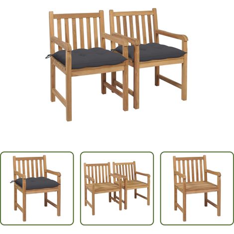 Teakholz - Gartenstühle 2 Stk. mit Anthrazit Kissen Massivholz Teak (1/5)
