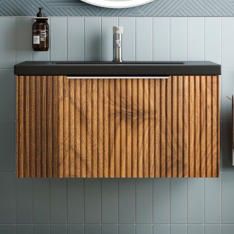 Fluted 800mm Bathroom Vanity Unit Basin Wall Hung Cupboard Soft Close Walnut (1/5)