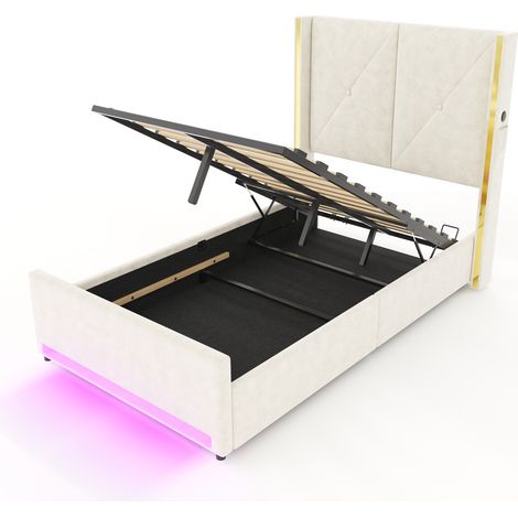 Cama arcón capitoné de terciopelo beige 90 x 200 cm, cabecero alto, USB Type-C, LED, HOMVRA (1/5)