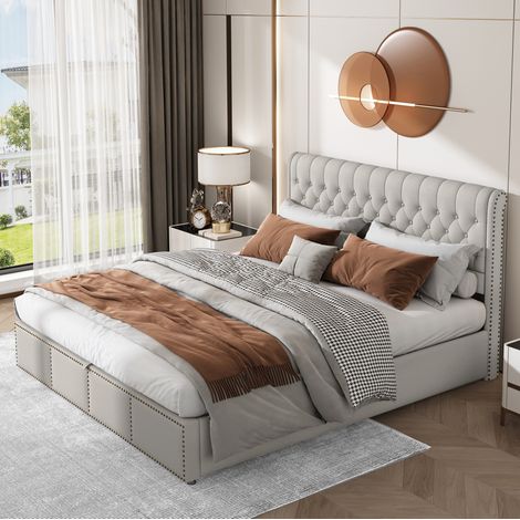 Letto imbottito minimalista 160x200 cm in cotone-lino grigio, con testiera alta, vano contenitore e rete a doghe (1/5)