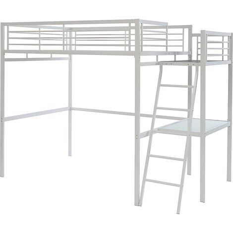 Vente-Unique – Lit mezzanine 140 x 190 cm – Acier blanc – Avec bureau et échelle – Charge max 200 kg – 2 places – Sommier à lattes (1/4)