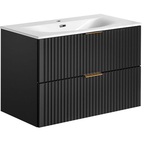 Waschtischunterschrank mit Waschbecken 80cm ADELAIDE-56-BLACK in matt schwarz mit gerillter Front, B/H/T ca. 81/58,5/46 cm (1/5)