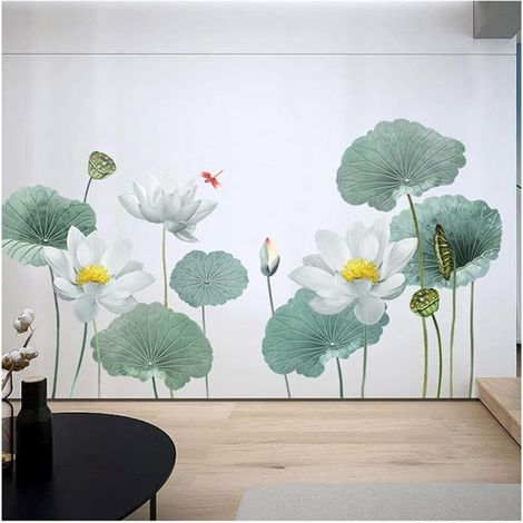 BEBUSINGOTO Énorme Fleur de Lotus Stickers Muraux Feuille de Lotus Bleu Sticker Mural Libellule Décoration Murale Amovible pour Salon Chambre Salle de Bain TV Canapé Fond Décoration (Vert) (1/5)