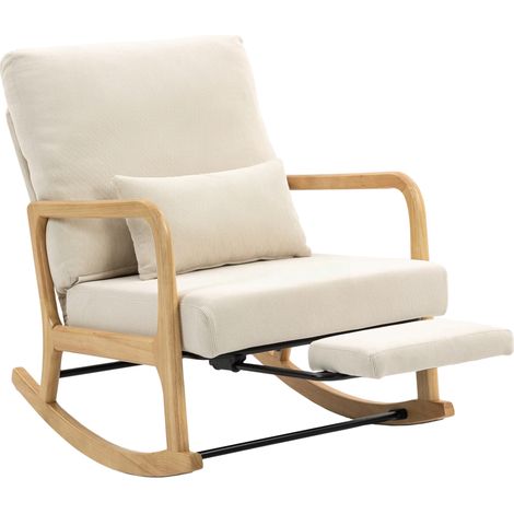 Fauteuil à bascule nordique avec repose-pieds, dossier réglable, en velours côtelé, pieds et accoudoirs en bois, coussin crème (1/5)