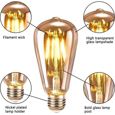 Lampadina E27 vintage, 6 pezzi, LED E27 ST64 Retro Edison Vintage Antica Lampadina decorativa 4W Filamento bianco caldo per ristorante bar bar Lampadine a incandescenza (1/4)