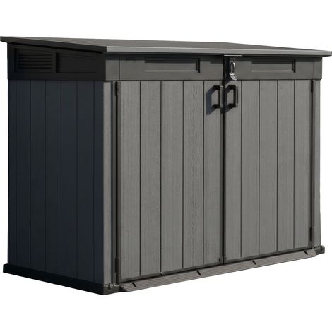 Cortina Mega - Mueble de jardín 190,5x132,5x109,3 cm 2 puertas para almacenamiento de herramientas, acabado efecto madera Evotech+ en resina gris (1/5)