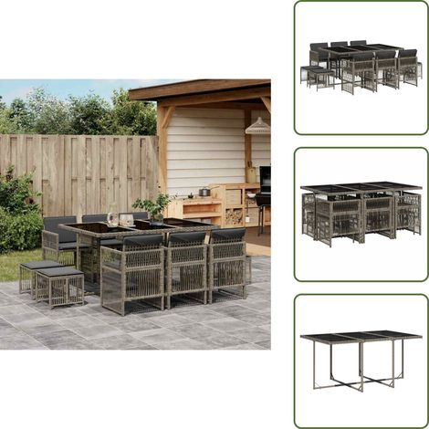 11-tlg. Garten-Essgruppe mit Kissen Grau Poly Rattan - Garten Essgruppe - Garten Essgruppen - Outdoor Essgruppe - Terrasse Essgruppe (1/5)