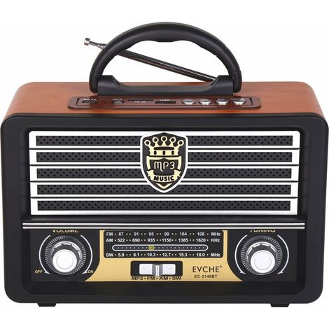 Radio portable rétro en bois: FM/AM/SW, Bluetooth, batterie 1200mAh rechargeable, lecture TF/USB (1/5)