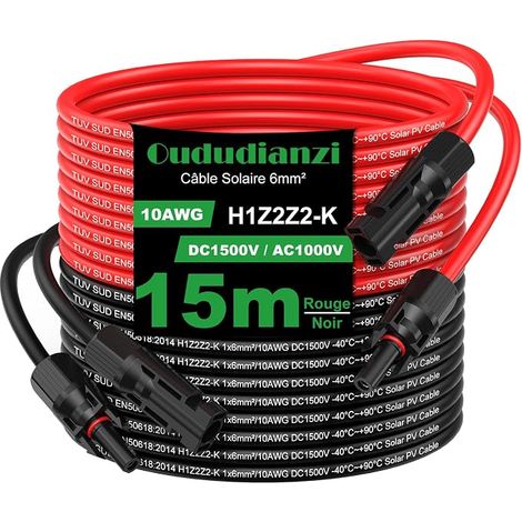 Câble Solaire 4mm²/6mm², Câble d'Extension pour Panneau Solaire 1/2/3/5/8/10/15/20/30m, Câble Solaire avec Connecteurs Mâle et Femelle Étanches IP68 pour Systèmes Photovoltaïques (6mm² 15m) (1/4)
