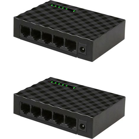 Deux commutateurs réseau à 5 ports, un répartiteur Ethernet Gigabit RJ45 1000 Mbps à 4 fils, un hub de commutation LAN de voyage, prises aux normes européennes, noir. (1/5)