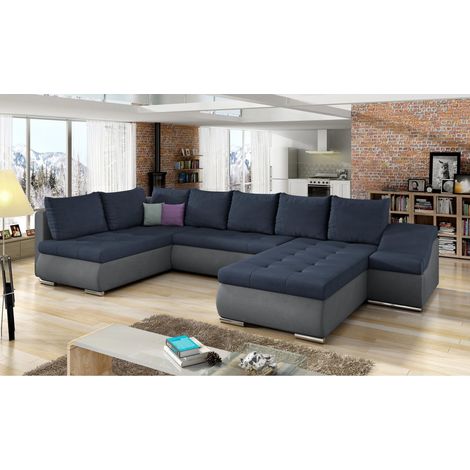 Canapé panoramique GYOVANI bleu et gris angle droit convertible couchage 140x294cm