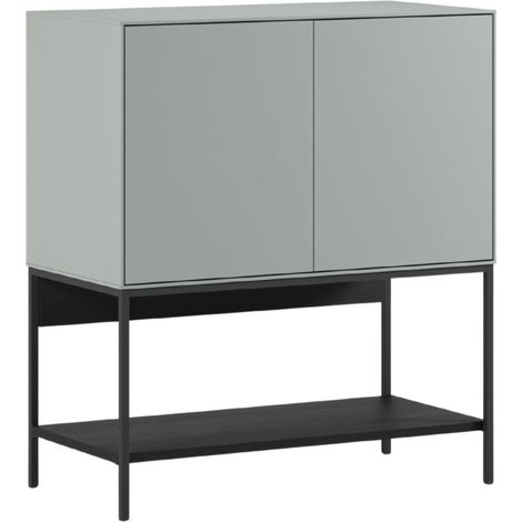 Meuble d'appoint 2 portes en mélaminé vert sauge et piètement avec étagère en métal laqué noir - MIRINA