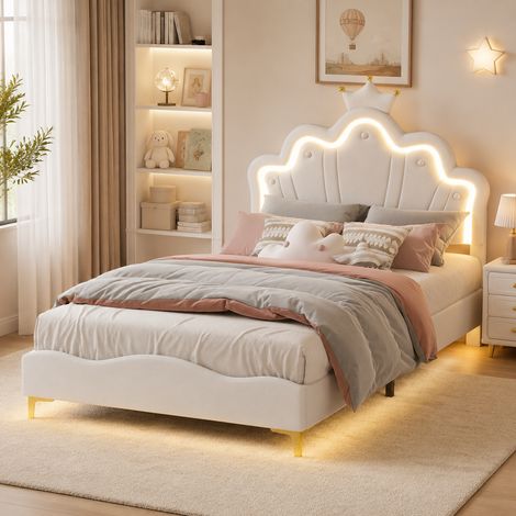 Lit double 140×190cm, lit capitonné avec lumière LED, lit ados avec tête de lit réglable, lit filles avec couronne, lit enfants, sommier à lattes,PU, Beige