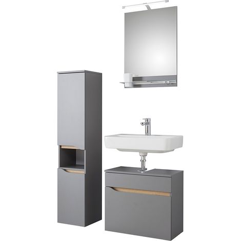 Badmöbel Set mit Spiegel und Beleuchtung QENA-66 in Quarzgrau Matt Touch mit Riviera Eiche quer Nb., B/H/T ca. 90/200/33 cm (1/5)