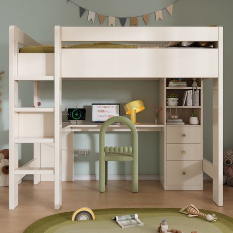 Lit mezzanine enfant 90x200 cm avec bureau d'angle en L, 3 étagères, 3 tiroirs, USB/USB-C, bois massif, blanc (1/5)