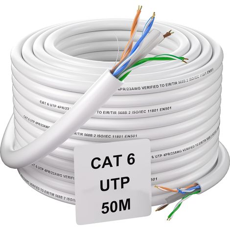 Cable Ethernet 50m, Cat 6 Rj45 Câble Réseau 50 Mètres Exterieur Haut Debit, Blanc, Gigabit Installation Cable Internet 23AWG UTP Impermeable Cable LAN pour Routeur Modem (1/5)