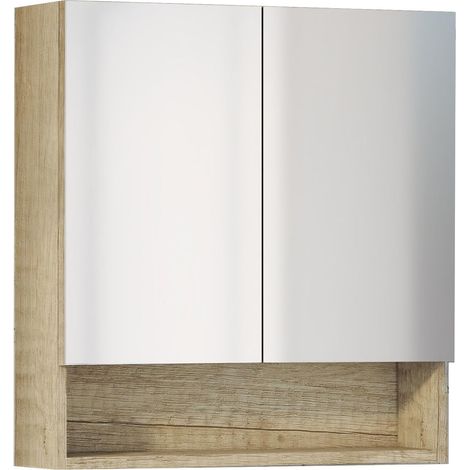 Meuble vestiaire avec Miroir, Armoire d'appoint de Salle de Bain Multifonction, Option avec ou sans lumière LED, Meuble Mural Facile à Installer, Armoire montée Finition Naturelle, Ouverte 2 (1/5)