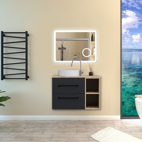 Aica Ensemble meuble de Salle de Bain avec Vasque + 2 Rangements Ouverts, 80x46x52cm, Miroir Bluetooth avec Horloge et Loupe