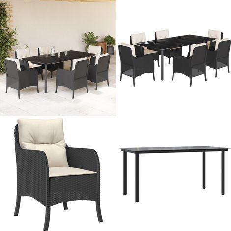 7-tlg. Garten-Essgruppe mit Kissen Schwarz Poly Rattan - Gartenstuhl - Gartentisch (1/5)
