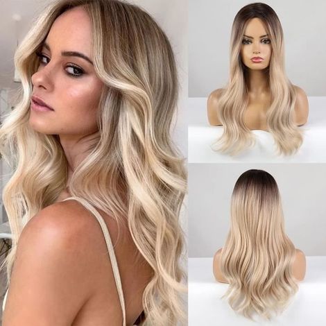 Perruques longues ondulées (brun clair), perruques blondes, perruques en cheveux synthétiques pour femmes, cheveux naturellement bouclés et résistants à la chaleur