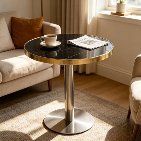 DESMIU Table basse ronde avec 1 niche, plateau aspect marbre, pour salon, en MDF, noir (1/5)
