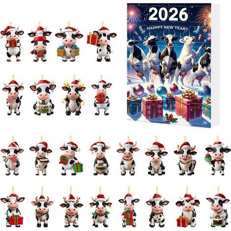 Adventskalender 2026 – Überraschungsbox – Weihnachtsmütze – Kuh – Acryl-Ornament – Weihnachtsbaum-Anhänger – Geschenkbox – Kuh A (1/3)
