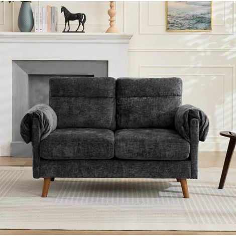 Divano a 2 posti 132x78x82 cm nero in ciniglia con cuscini imbottiti e gambe effetto legno (1/5)