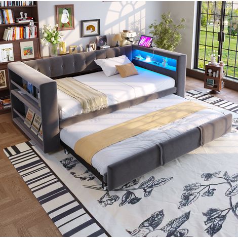 Cama sofá multifuncional tapizada 90/180x190 cm gris oscuro, con LED, enchufes integrados y almacenaje (1/5)