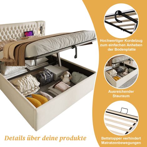 Ensemble chambre complet literie, lit capitonné 160x200 avec coffre relevable, chevets x2, applique LED tête lit avec port USB, beige velours, sans matelas (1/5)