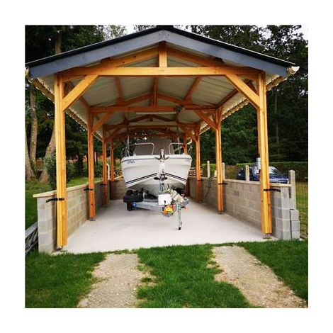 Abri Deux Pentes, 500cmx1250cm, Bois DOUGLAS Français, Carport, Auvent, Abri Camping-car