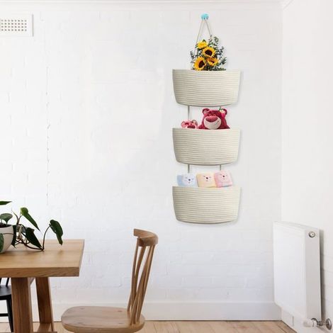 Ecleanfy - Un support de rangement à 3 niveaux et un panier de rangement tissé à la main, en tissu de coton de haute qualité. (1/3)
