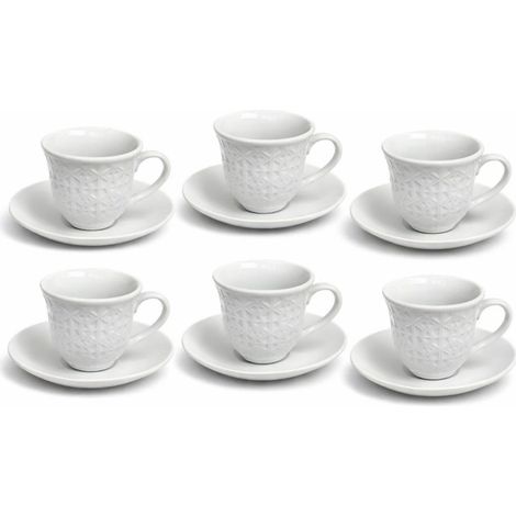 Set 6 tazzine per caffè da 80 ml con piattino in porcellana - colore bianco con decoro - Adatte per microonde e lavastoviglie
