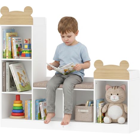 Bibliothèque Enfant avec Coin Lecture, 3 en 1, 121x30x106cm, Blanc (1/5)