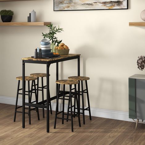 Ensemble table et chaises 5 pièces comprenant 4 tabourets avec repose-pieds et une table rectangulaire. Noir et marron