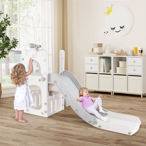Toboggan 6 en 1 pour Tout-Petits de 1 à 3 Ans Toboggan pour Bébé avec Panier de Basket et Télescope Aire de Jeux d'Intérieur Gris et Blanc (1/5)