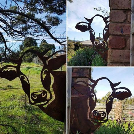 Vache qui regarde, ornement de jardin, statue en métal, silhouette d'animal à piquer, décoration pour cour et pelouse (1/4)
