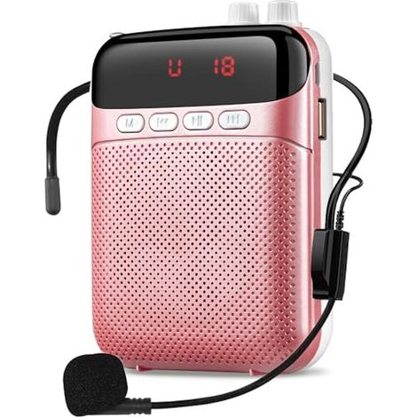 Amplificador de voz portátil recargable de 2400 mAh con micrófono, auriculares y cinturón, altavoz portátil, USB, tarjeta TF, amplificador de voz portátil para profesores y guías turísticos (rosa)