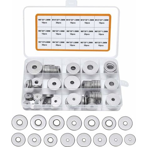 225PCS Rondelles Plates en 304 Acier Inoxydable Assortiment,M3 M4 M5 M6 M8 M10 M12 Rondelle Plate pour L'étanchéité des Vis Bagues D'étanchéité-Livré avec boîte (Gris)-LIAIKI (1/5)