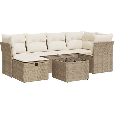 Set sofás de jardín 7 piezas y cojines ratán sintético beige (1/5)