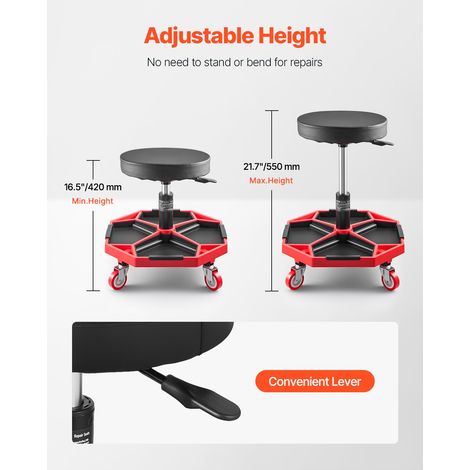 Tabouret d'Atelier Mobile, Tabouret de Mécanicien sur Roulettes Capacité de Charge 136 kg, Hauteur Réglable, avec Plateaux à Outils, pour Entretien Réparation Automobile Garage, Noir et Rouge (1/5)