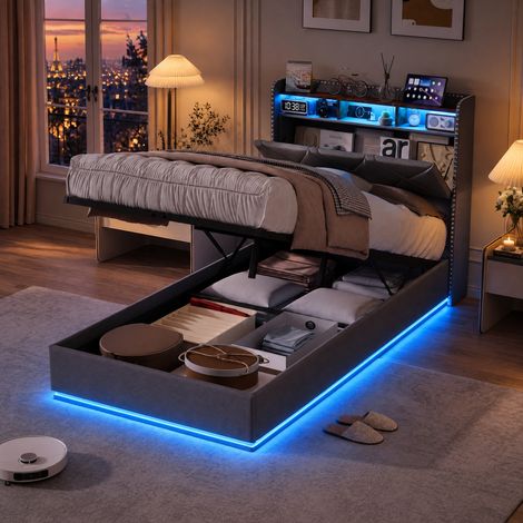 JOOKGBD-Letto a contenitore singolo 90x200cm in lino grigio scuro con testiera LED RGB porta USB ricarica stoccaggio idraulico rete a doghe struttura robusta camera letto adulti (1/5)
