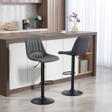 Lot de 2 tabourets de bar gris foncé en similicuir, hauteur réglable 91-111 cm, pivotants à 360°, repose-pieds, pied métal noir, charge 120 kg (1/5)